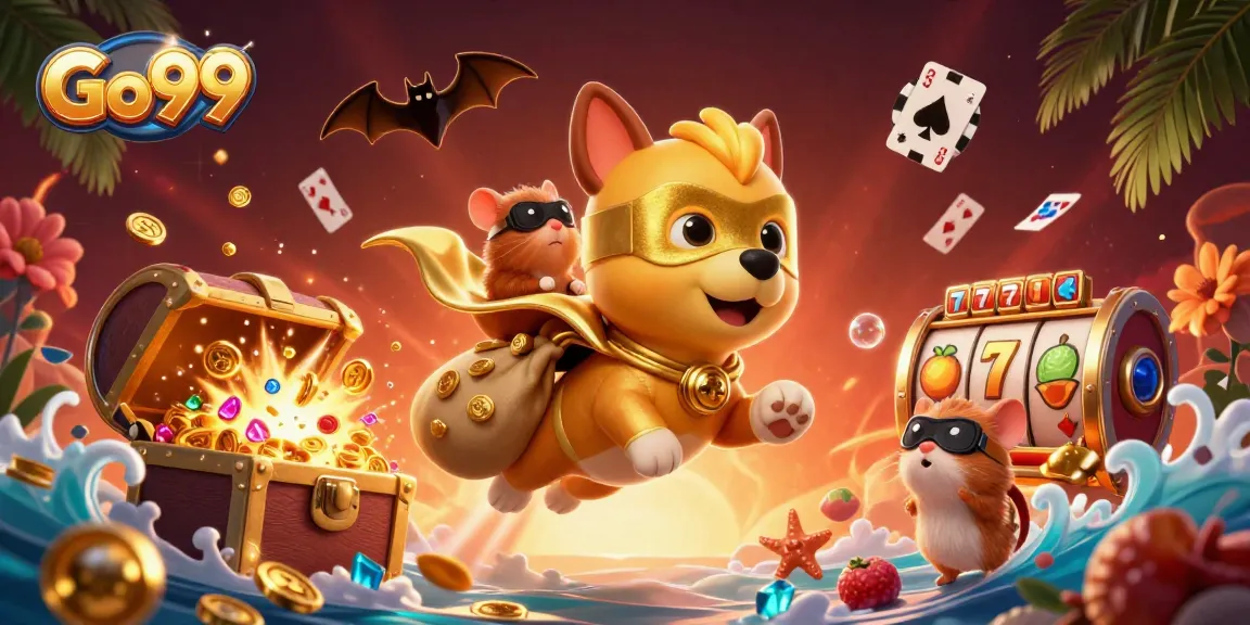 Go99 casino superhero dog flying with coins amidst colorful gaming elements and a vibrant backdrop.