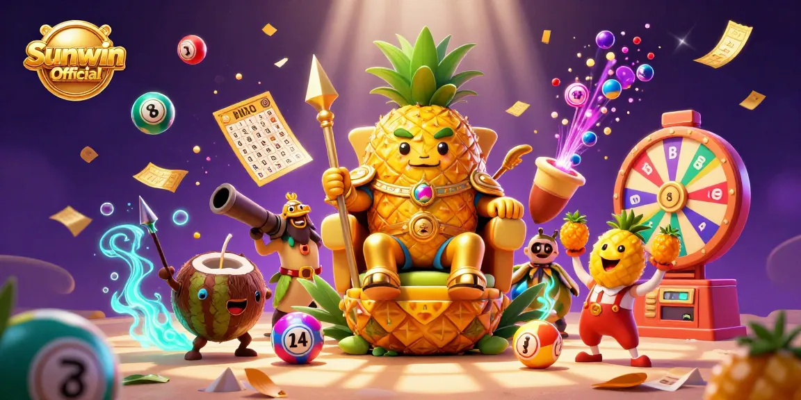 Experience gaming excitement with Sunwin Official in a vibrant casino scene featuring a pineapple king and lottery elements.
