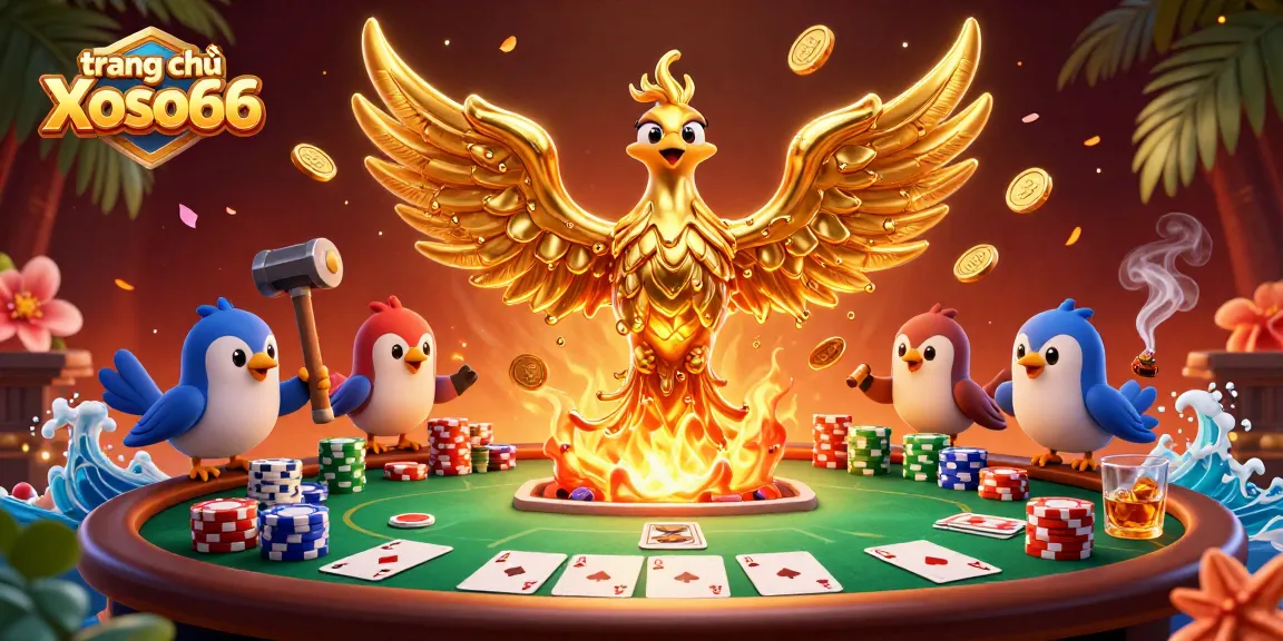 Engage in thrilling gameplay at trang chủ Xoso66 with vibrant poker elements and a striking golden phoenix.