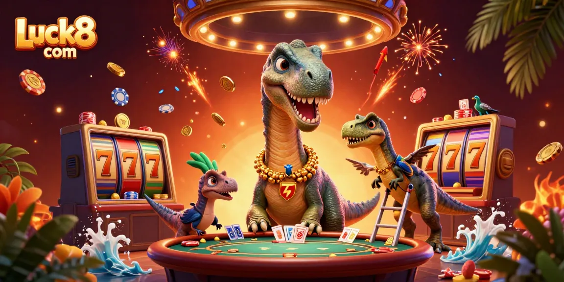 Experience the excitement of Luck8 com with a lively 3D casino scene featuring a towering brontosaurus and a clever raptor